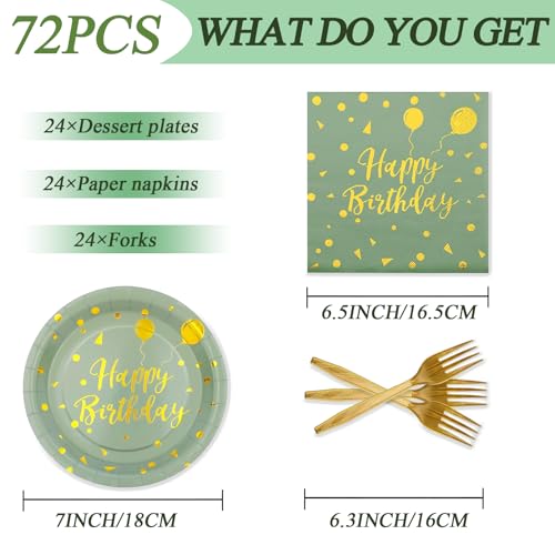 Sage Green and Gold Birthday Party Tableware Set - 72PCS