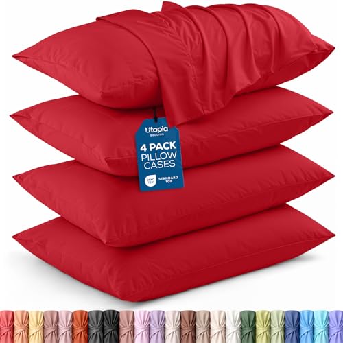 Utopia Bedding Standard Pillow Cases, Ultra Soft Brushed Microfiber, Red, 4-Pack