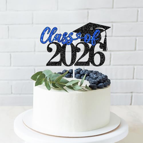 Class of 2026 Graduation Cake Topper - Black & Blue Glitter