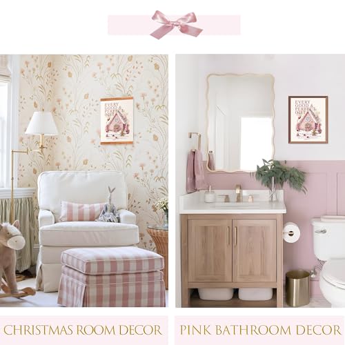 Pink Christmas Gingerbread House Wall Art Set - 8x10in Unframed, Bible Verse Variant
