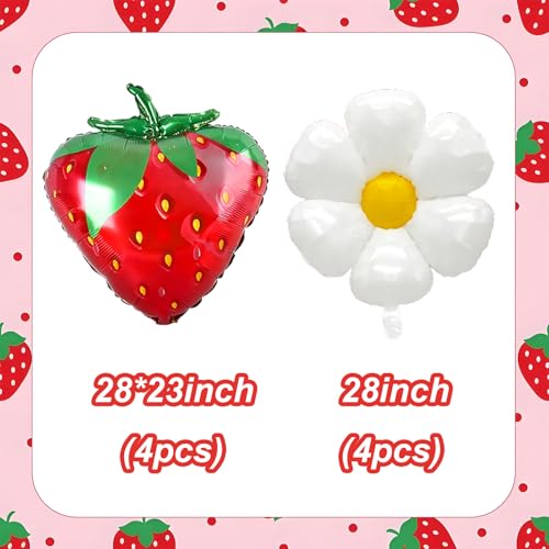 8 Strawberry & Daisy Foil Balloons for Birthday Parties