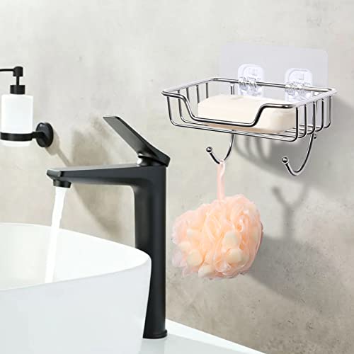 Uten 1 Pack Stainless Steel Shower Soap Holder with Hooks, No-Drill Wall Mount, Silver