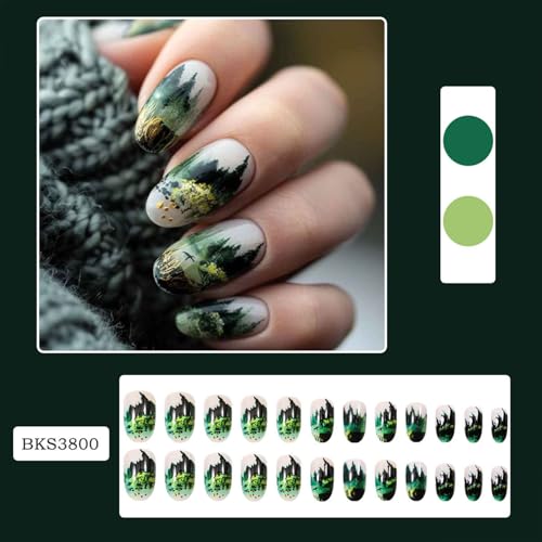 Green Press on Nails Medium Oval False Nails Forest Pine Tree Design 24Pcs