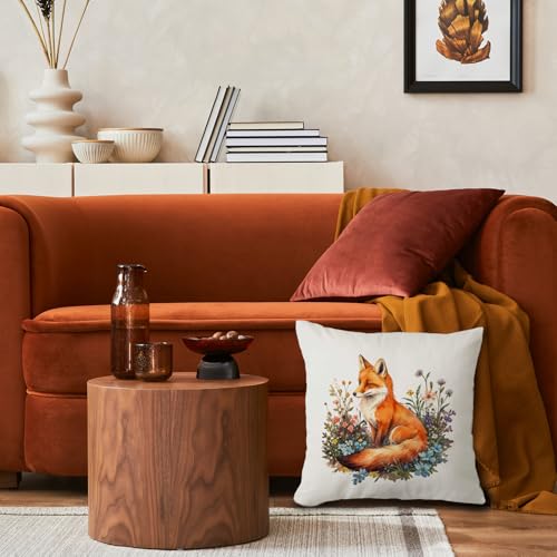 JINYO Floral Fox Pillow Covers 18x18 Inches, Soft Flannel Botanical Decor