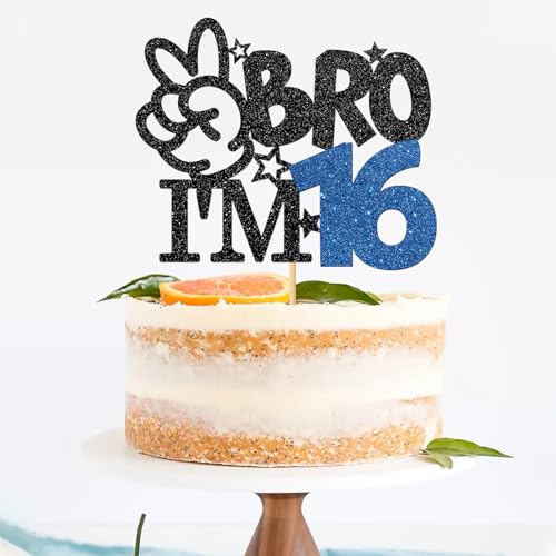 Bro I'm 16 Cake Topper - Black Glitter 16th Birthday Party Supplies