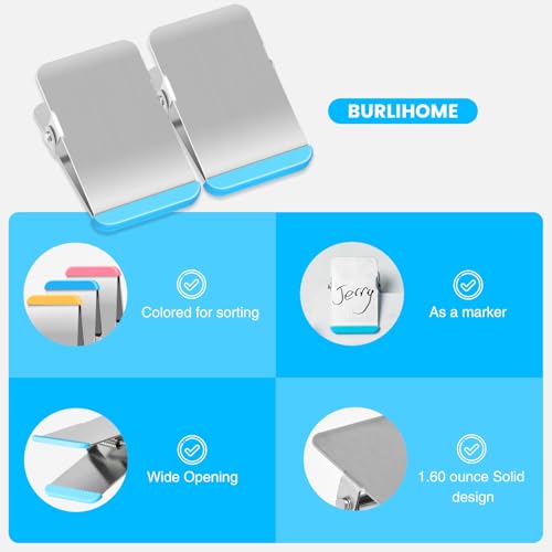 BURLIHOME Heavy Duty Stainless Steel Clips with Colored Silicone - 6 Pack