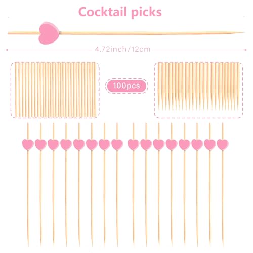 Pink Heart Bamboo Cocktail Picks - 100 Pack for Parties & Events