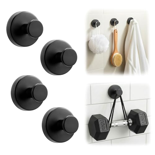 LOOHOI Heavy Duty Suction Cup Hooks - 4 Pack Black Stainless Steel Towel Hooks