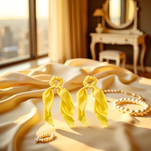 Yellow Satin Ribbon Bow Hair Scrunchies 2-Pack Ponytail Holder Scarf