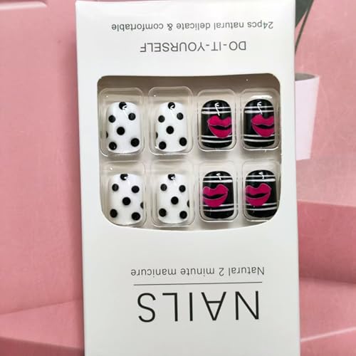 Valentine Short Square Press on Nails with Heart and Lip Designs - 24 Pcs
