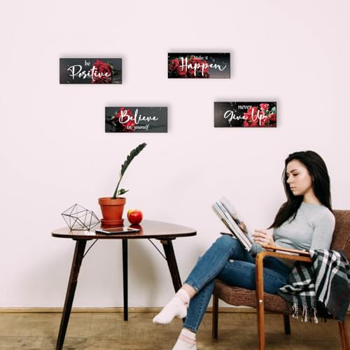 Red Rose Wall Decor Set - 4 Piece Inspirational Art for Home & Office