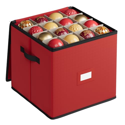 SONGMICS Christmas Ornament Storage Box, 3 Inches 64 Slots, Stackable Christmas Storage Container with Lid, Dual Zippers, Adjustable Dividers, Non-Woven Fabric, Cherry Red URFB036R01