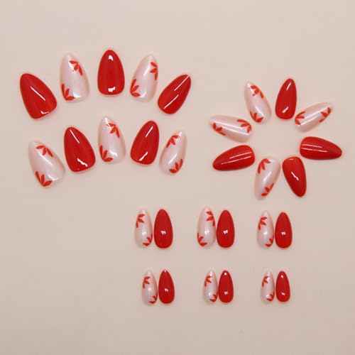 MIXFOSAHN Short Almond Press on Nails Red White Floral False Nails 30 Pcs