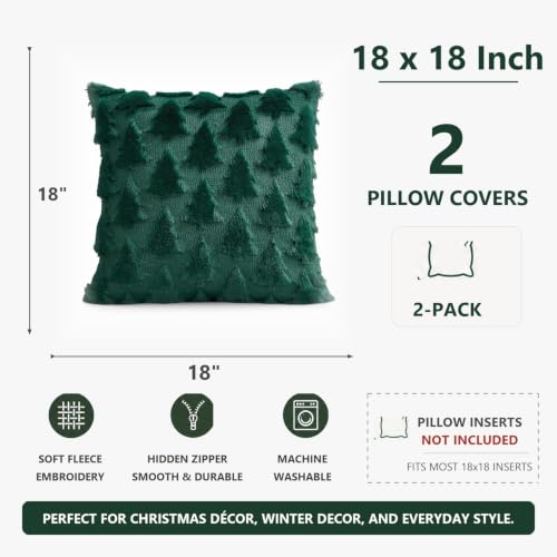 Evergreen Tree Christmas Pillow Covers 18x18 Inch Set of 2 - Green Festive Decor