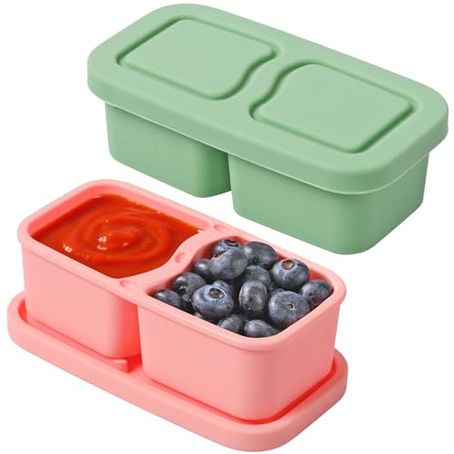 UCBAT 2 Pack Silicone Snack Containers with Lids - Pink & Green | Double Compartment Food Storage, Leakproof & Reusable