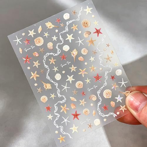 5D Embossed Starfish Seashell Nail Stickers - Summer Ocean Self-Adhesive Decals (2 Sheets)