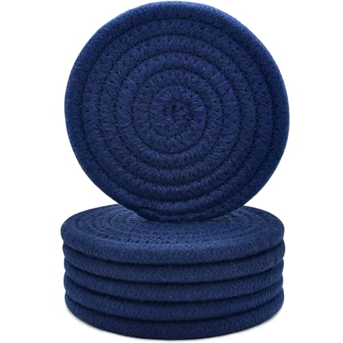 ABenkle Navy Blue Woven Coasters - 4.3 Inch Absorbent Boho Set of 6