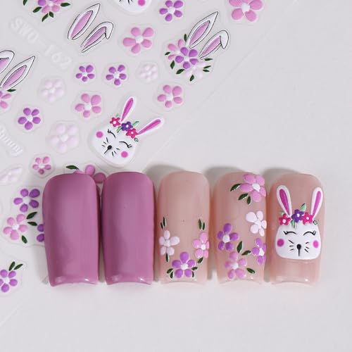 POWPOP 5D Embossed Easter Nail Art Stickers Bunny Flower Decals 4PCS