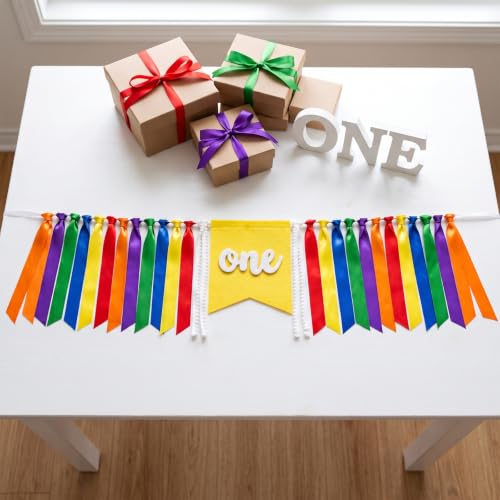Rainbow 1st Birthday High Chair Banner - Pre-Assembled ONE Decoration