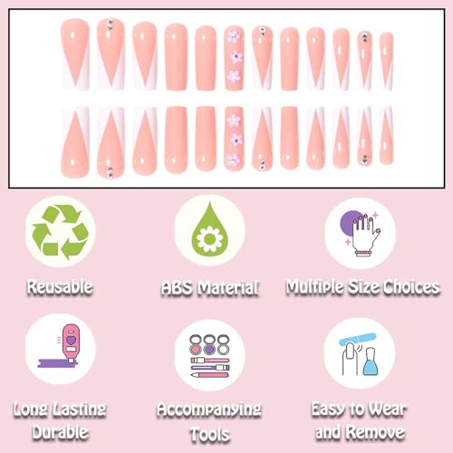 Pink Square French Tip Press on Nails with Floral Rhinestone