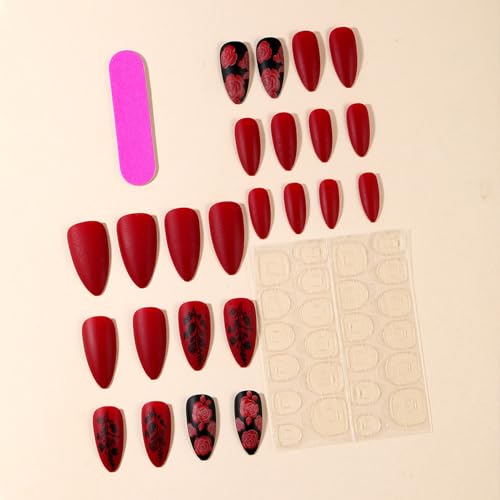 Valentine Heart Press on Nails Short Almond Matte Fake Nails - 24Pcs