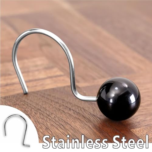 Elegant Black Pearl Shower Curtain Hooks - 12 Rustproof Rings