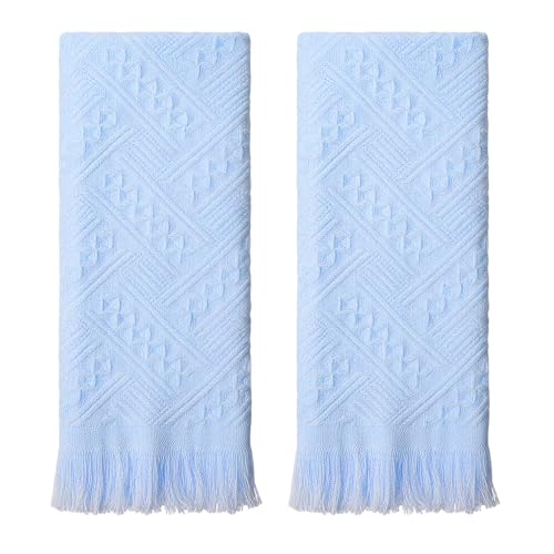 KFHENSOMR Boho Turkish Cotton Hand Towels, 14x30 Inch - Light Blue (2 Pack)