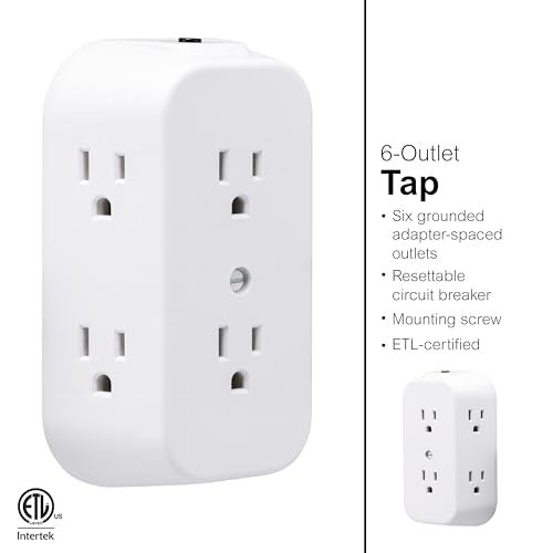 GE 6-Outlet Wall Tap with Circuit Breaker, 3-Pack, White