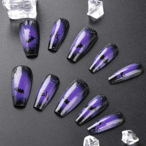 Halloween Press on Nails Black Purple French Tip Bat False Nails