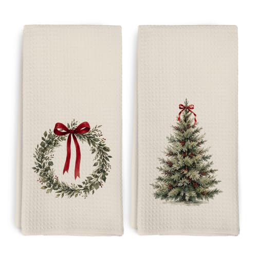 Vintage Christmas Tree Kitchen Hand Towels Set of 2 - Tree Wreath Variation