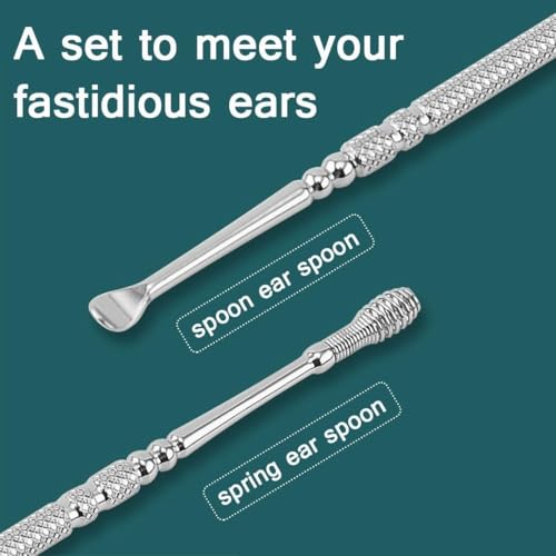 LUXXII Stainless Steel Ear Wax Removal Tool Kit - 2 Pack Reusable Ear Spoon Cleaner with Spiral Spring and Loop Scoop