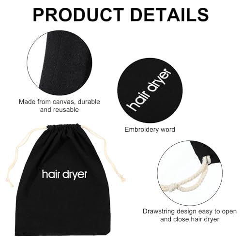 Black Canvas Hair Dryer Travel Bag 11.8x15 Inch Drawstring Storage Pouch