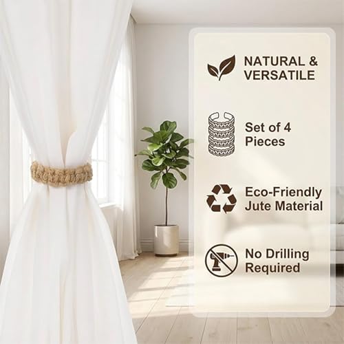Handmade Boho Curtain Tiebacks - Adjustable Jute Holdbacks (2 Pack)