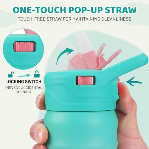 HAUSHOF Kids Water Bottle 2-Pack (12 oz) BPA-free with Straw and Stickers, Stainless Steel Vacuum Double Wall Insulated cup with Leak Proof for school, Gifts, Boys and Girls(Blue/Pink)