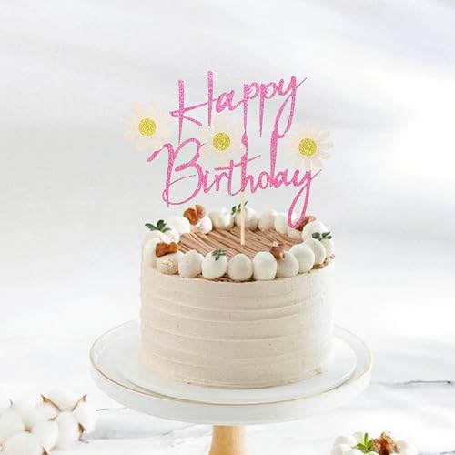 Pink Glitter Daisy Birthday Cake Topper - Happy Birthday Decoration