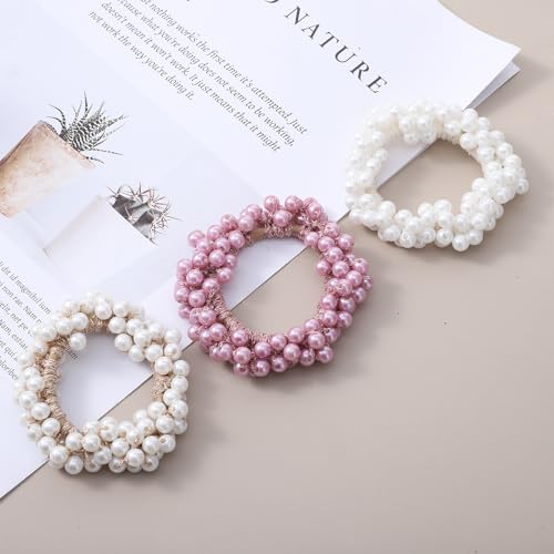 Xindojuz 3 Pack Pearl Scrunchies Beaded Hair Ties Ponytail Holder