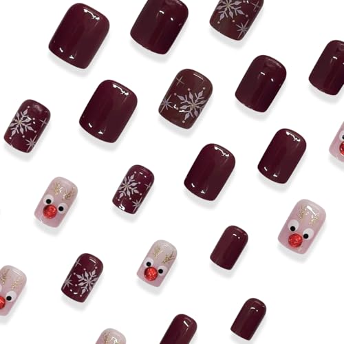 Christmas Press on Nails Short Square False Nails with Snowflake Design