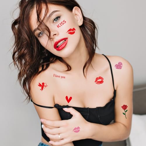 Konsait Valentine's Day Temporary Tattoos, 10 Sheets Heart Rose Fake Tattoos
