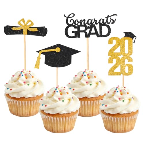 Graduation Cupcake Toppers 2026 - 24 PCS Gold Congrats Grad Picks