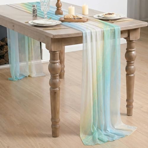 28x120 Inch Blue Boho Gradient Table Runner Chiffon Spring Decor for Kitchen & Dining