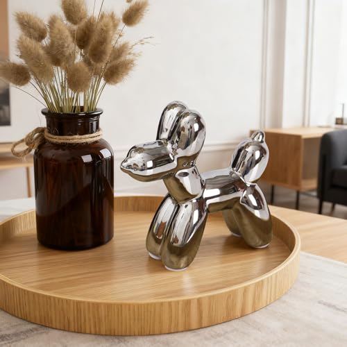 Silvery Balloon Dog Ceramic Statue - Handmade Small Figurine
