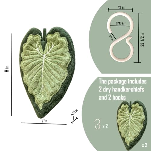 2 Green Leaf-Shaped Hand Towels with Hanging Loop - Kitchen & Bathroom Decor