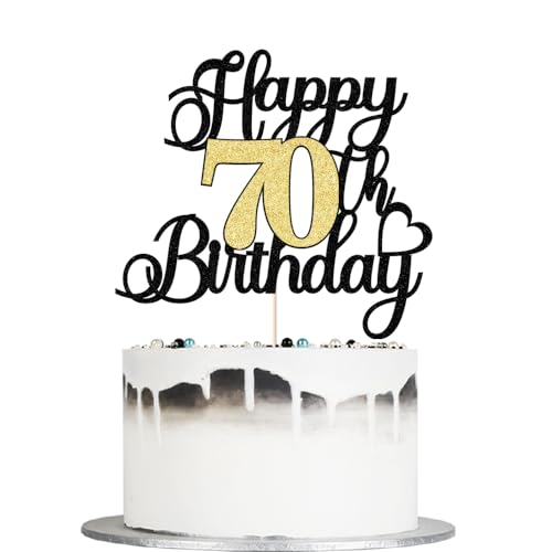 Happy 70th Birthday Cake Topper - Black Gold Glitter Decoration