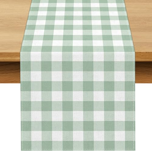 Sage Green Gingham Table Runner 13 x 72 Inches - Checkered Party Decor for Wedding, Birthday, Baby Shower, Home & Kitchen