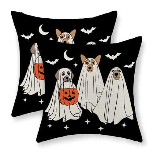 Halloween Pillow Covers 20x20 Set of 2 - Cute Dog Ghost & Pumpkin