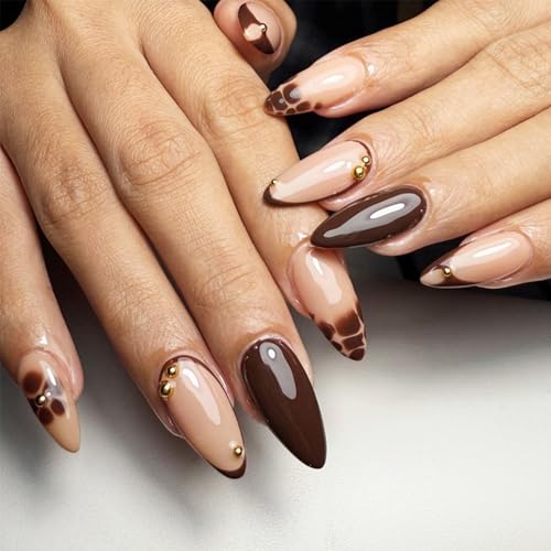 Brown French Tip Press on Nails Medium Almond False Nails with Flower Designs