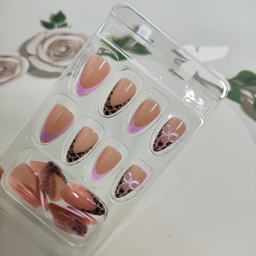 French Tip Press on Nails Medium Almond Fake Nails with 3D Bow & Leopard Print