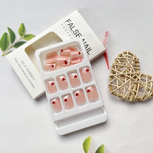 LYLYNB Valentine Heart Press on Nails French Tip Short Square Acrylic False Nails