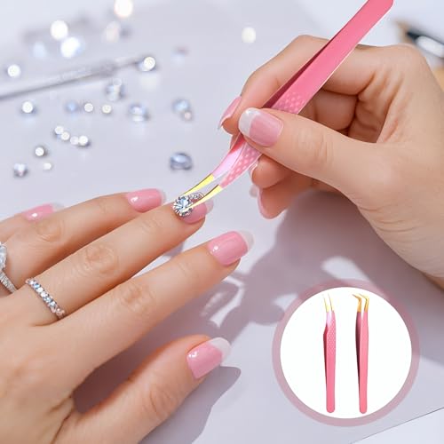 TIESOME Pink Eyelash Extension Tweezers Set - 2 PCS Stainless Steel Curved Precision Lash Application Tools