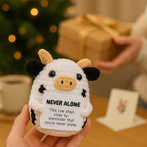 Handmade Crochet Cow Plush – Emotional Support Knitted Gift with Card